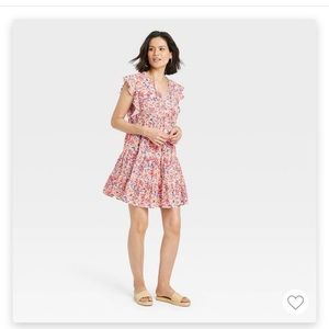 Women's Short Sleeve Floral Peasant Dress - Small